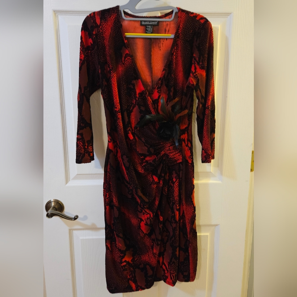 Vintage Frank Lyman Design Red and Black Wrap Ruched Dress Size 6 - Picture 4 of 7